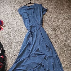 Casual Blue V-Neck Wrap Midi Dress